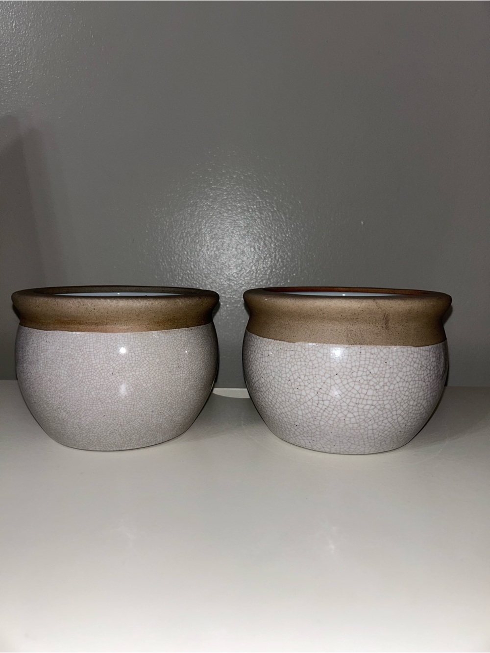 Two Pottery Barn Small Cache Pot Cream Crackle Glaze-4.5”